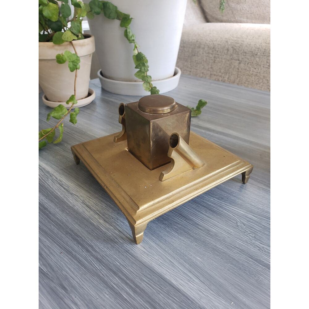 Mid Century solid brass inkwell pen desk set